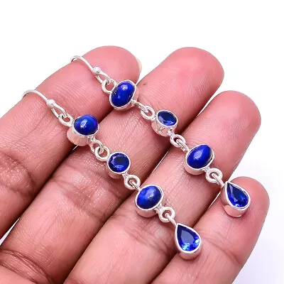 Natural Lapis Lazuli - Afghanistan & Blue Sapphire 925 Silver Earring 2.34  E48 • $19.31