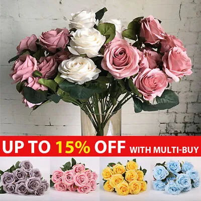 10 Heads Silk Rose Artificial Fake Flowers Bouquet Wedding Garden Party Decor. • £2.75