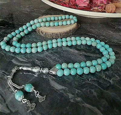 Turquoise Firuza Stone Islamic Prayer 99 Beads Tasbih Misbaha Tasbeeh Rosary 8mm • $29.99