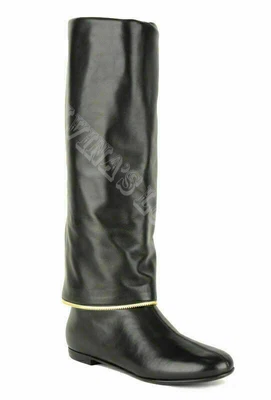 $179 • Buy GIUSEPPE ZANOTTI FLAT BOOTS BLACK LEATHER ZIPPER DETAIL KNEE HIGH Sz 41 / 10.5