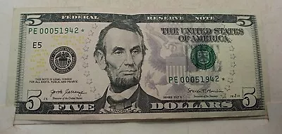 2017-A Five Dollar Bill Star Note Low Serial Number #00051942  • $9.50