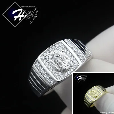 Men 925 Sterling Silver Icy Cz Gold Plated/silver Virgin Mary Square Ring*sr214 • $39.99