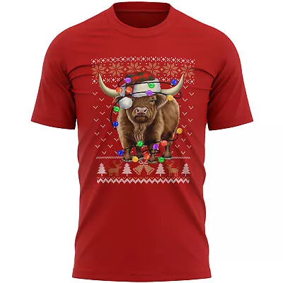 Christmas Fairisle Highland Cow Mens T Shirt Shirt Funny Him Xmas Tee Farmers... • £14.99