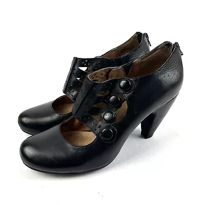 Miz Mooz Sharon Maryjane Heel 39 Black Leather Cutout Button Shoes Back Zip • $59.95