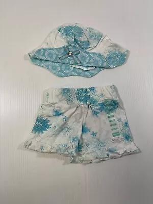 Naartjie Girls 100% Cotton Blue Sea Breeze Sun Hat Shorts 2Pc Set 3-6 Mo 6-18 Mo • $12.99