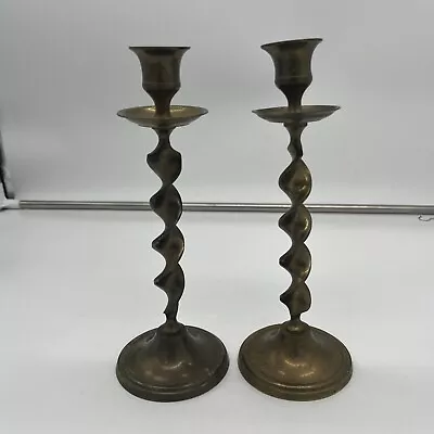 Vintage Pair Of Brass Candle Stick Holders With A Twist 9  Tall • $15