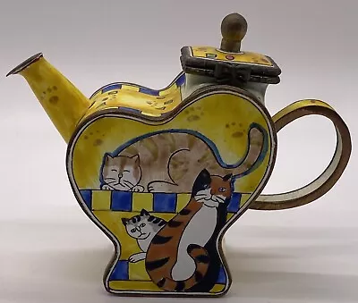 Kelvin Chen Mini Trinket Teapot Enameled Metal Yellow Heart Tiger Stripe Cat • $34.99