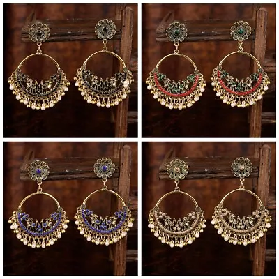 Classic Metal Flower Jhumka Earrings Indian Ethnic Pearl Beads Tassel Earrings • $4.39