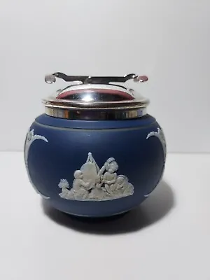 Vintage Adams Cobalt Blue Jasperware Sugar Bowl Inbuilt EPNS Sugar Tongs • £19.95