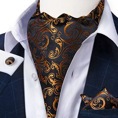 Mens Silk Ascot Cravat Vintage Tie Jacquard Paisley Scarf Hanky Cufflinks Set • $11.99