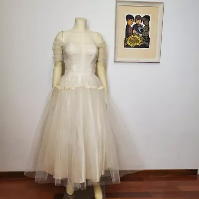 Vintage 1950s Chiffon Wedding Dress Tea Length S/M Prom Cupcake • $299