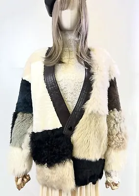 Women Genuine Sheepskin Colorblock Patch Kimono Boho Oversize Jacket OS Fit XS-L • $135