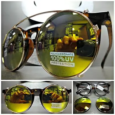 VINTAGE 60s RETRO Style Clear Lens CLIP ON SUN GLASSES Round Tortoise Gold Frame • $14.99