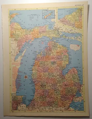 1955 Antique MICHIGAN Atlas Map - Vintage MCM Hammond's New Supreme World Atlas • $13.58