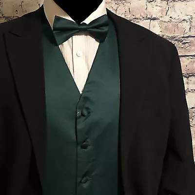 Dark Forest Green Men Vest Waistcoat & Straight Cut Bow Tie Suit Tuxedo Wedding • $26.36