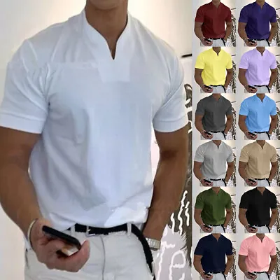 Mens Collarless Short Sleeve T Shirt Grandad Shirts Casual Henley Pullover Tops • £9.99