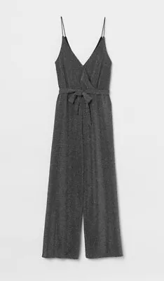 £4.99 • Buy H&M Silver Belt Party Sparkly Glitter V-Neck Wide Leg Jumpsuit Size Large 14/16