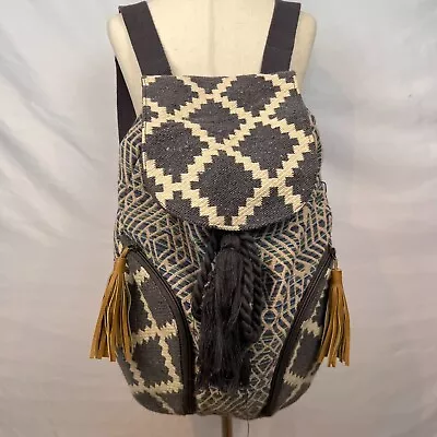 Mossimo Supply Co. Textured Boho Fabric Backpack Yellow Gray Tassels Pockets GUC • $30