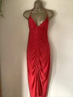 Zara Red Halter Neck Ruched Maxi Dress - Size S • £3