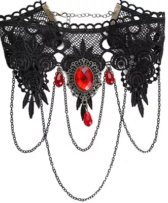 Gothic Victorian Black Lace Choker Necklace Tassel Chain Steampunk NWT 6588 • $11.92