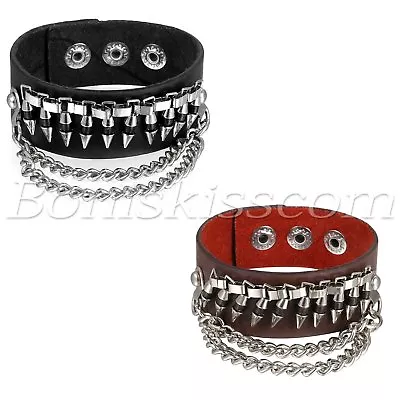 Men's Gothic Punk Rock Wide Leather Bullet Chain Wristband Bracelet Bangle Cuff • $8.99