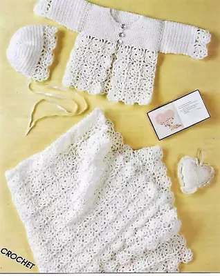 CR19 Baby's Shawl/Blanket Bonnet & Jacket Set DK  Vintage Crochet Pattern COPY • £3.49