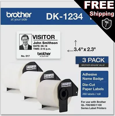 Brother Genuine DK-12343PK 2.3 X 3.4  720 Labels  3-Rolls Adhesive Name Badge • $49.95