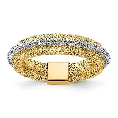 14K Yellow Gold Womens Two Tone Mesh Band Ring 5 Mm Stretch Size 6 • $135.95