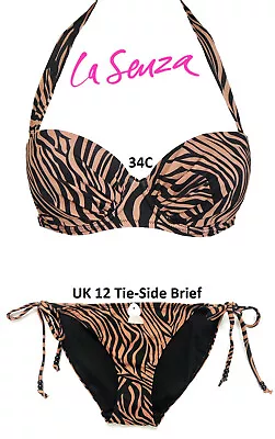 La Senza Black & Tan Zebra Print Balcony Halter Bikini Set 34C & 12 Brief • £32