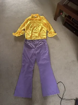 Men's Yellow Satin Disco Shirt + Purple Flares Great For 70s Fancy Dress • £21