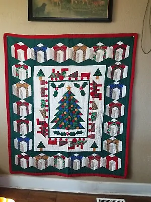 Vintage Homemade Christmas  Quilt Wall Hanging Tree/Trains/Presents  50 × 57   • $45