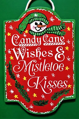 CANDY CANE WISHES & MISTLETOE KISSES SIGN Wall Art Door SNOWMAN Christmas Plaque • $13