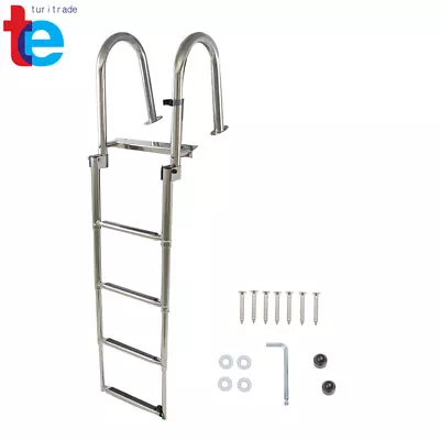 4 Step Pontoon Boat Ladder Foldable Stainless Steel Marine Yacht Ladder W/ Pedal • $104.66