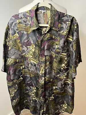 Mens 100% Silk Multicoloured Shirt XL Short Sleeve Ptp 25” Vng90s • £20