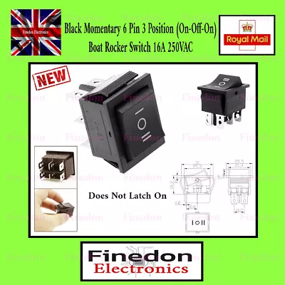 Black Momentary 6 Pin 3 Position (On-Off-On) Boat Rocker Switch 250VAC 16A • £3.35