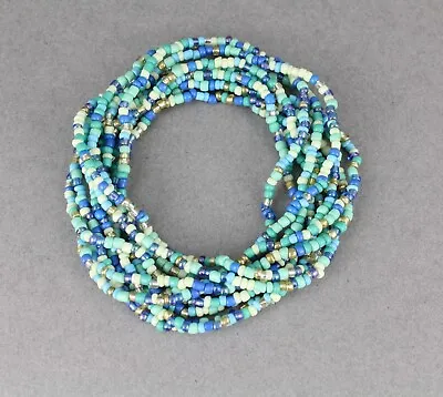 10 Blue White Aqua Gold Seed Bead Bracelet Stretch Set Beaded Stack • $11.01