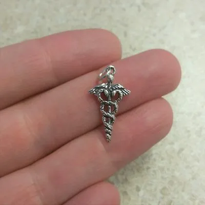 Caduceus Charm -Sterling Silver- Nurse Medical Medicine Pendant Staff Of Hermes • $18