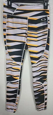 Women Oakley Hydrolix Greyish Purple Black Yellow Stripe Leggings Waist Pocket S • $15.55