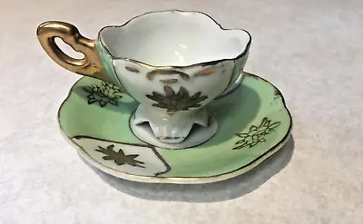 Victoria Ceramic Tiny Tea Cup Saucer Gold Tone Lotus Flower Green Mini Vtg Japan • $14.99