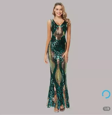 Moossis Womens Mermaid Dress Gown Green Baroque Print Maxi Sequin Zip M New • $65