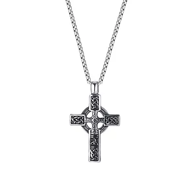 Mens Irish Celtic Trinity Knot Cross Pendant Necklace Stainless Steel Set • $13.35
