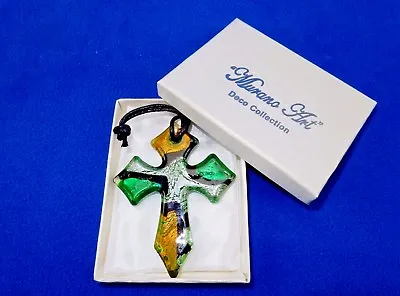 Glass Cross Charm/Pendant Green/Gold/Silver Murano Art Glass Gift Box #2910 • $9.95