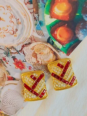 Yves Saint Laurent YSL Vintage Massive Rectangle Ruby Crystal Clip Earrings • £799.99