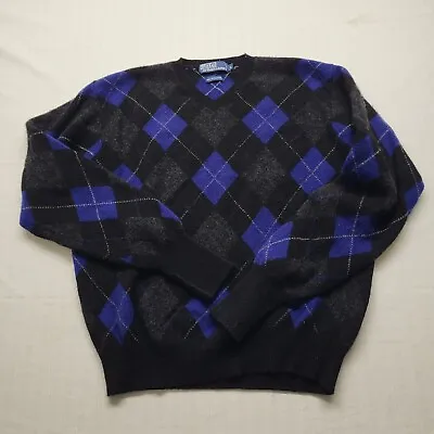 VTG Polo Ralph Lauren Lambswool Sweater Mens Large Slim Black Argyle V Neck HOLE • $39