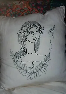 Jai Vasicek White Linen Cushion Cover Only Line Drawing 60cm RARE • $60