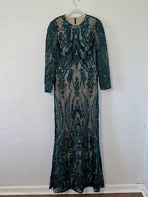 Dark Green Pattern Sequin Prom Dress Mermaid Long Sleeves Size 16 • $150