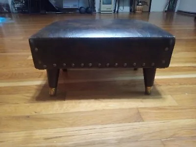 Vintage FOOT STOOL Brown Vinyl Tapered Leg Ottoman Rest 50s Mid Century Modern • $69