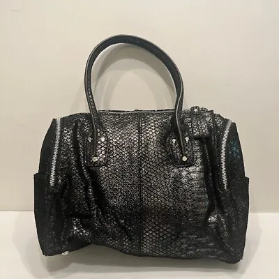 B Makowsky Black Whitney Snake Pattern Shimmer Satchel Purse Leather Dust Bag • $39.99