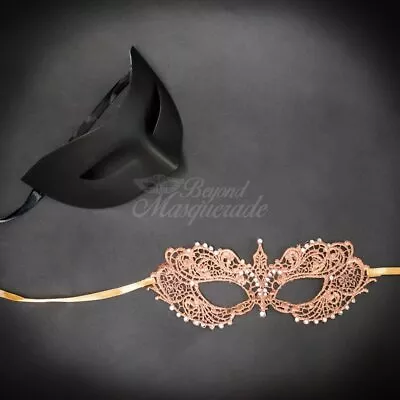 Couple Masquerade Masks | His And Her's Masquerade Mask Black And Rose Gold • $21.25