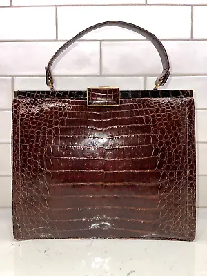 MCM Vintage 50s MANON Brown Genuine Alligator Purse Framed Handbag Comb & Mirror • $99